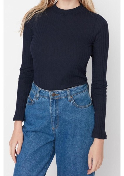 Moda Dik Yaka Örme Slim Düz Desen Casual Günlük Regular Uzun Kol Bluz