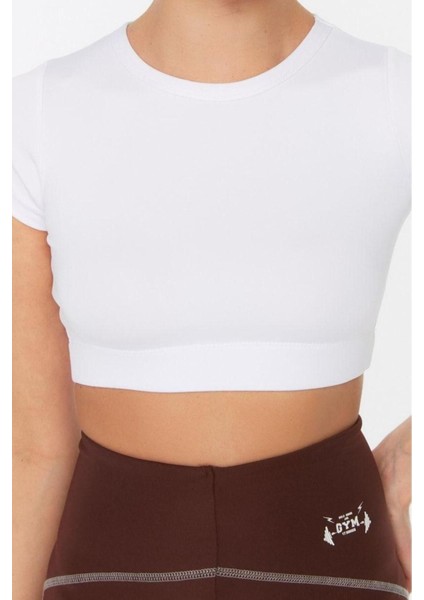 Moda Bisiklet Yaka Örme Fit Düz Desen Sportswear Super Crop Kısa Kol Bluz