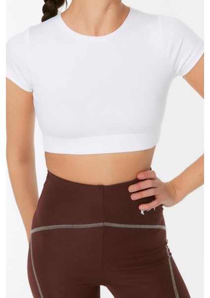 Moda Bisiklet Yaka Örme Fit Düz Desen Sportswear Super Crop Kısa Kol Bluz fiyatları