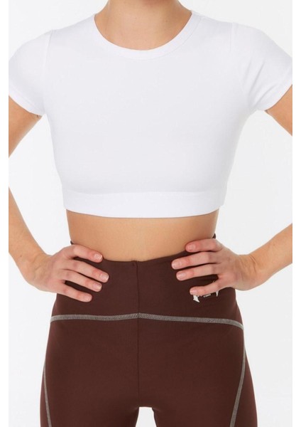 Moda Bisiklet Yaka Örme Fit Düz Desen Sportswear Super Crop Kısa Kol Bluz fırsatları