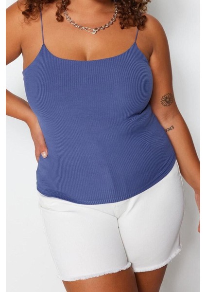Moda Büyük Beden Kare Yaka Örme Fit Düz Desen Casual Günlük Crop Askılı Kol Bluz fiyatları