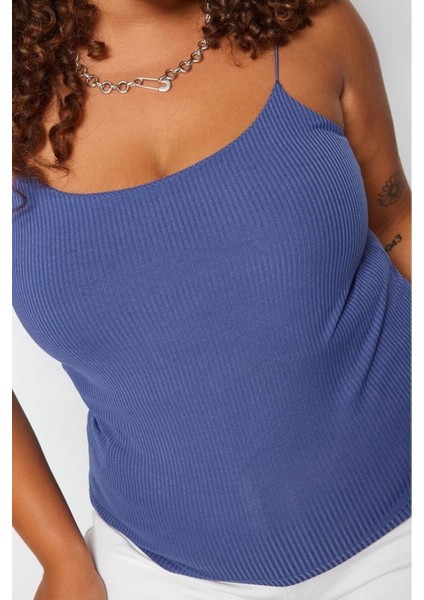 Moda Büyük Beden Kare Yaka Örme Fit Düz Desen Casual Günlük Crop Askılı Kol Bluz modelleri