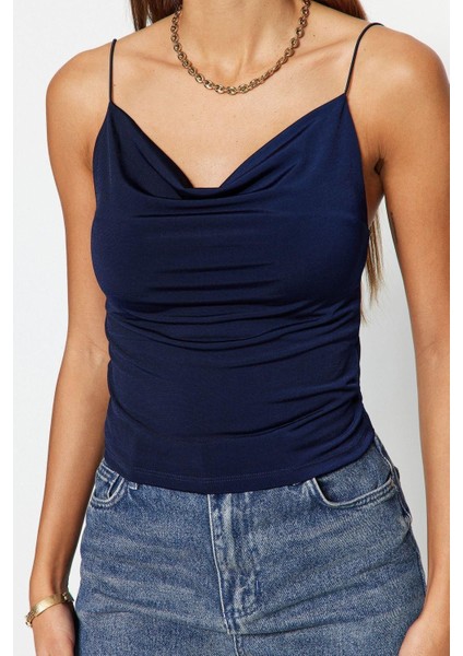 Moda Degaje Yaka Örme Slim Düz Desen Casual Günlük Regular Askılı Kol Bluz