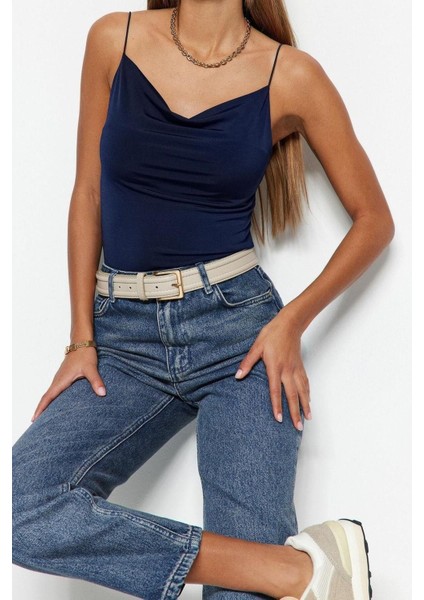 Moda Degaje Yaka Örme Slim Düz Desen Casual Günlük Regular Askılı Kol Bluz fırsatları