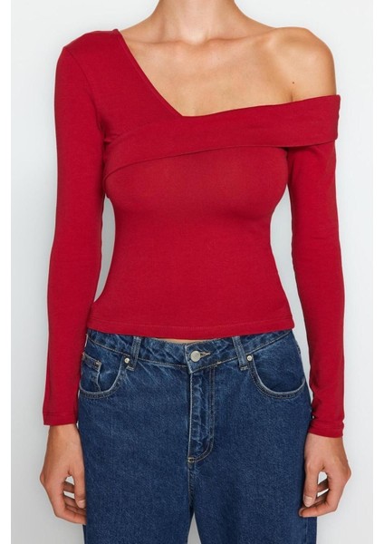 Moda Carmen Yaka Örme Slim Düz Desen Casual Günlük Crop Uzun Kol Bluz