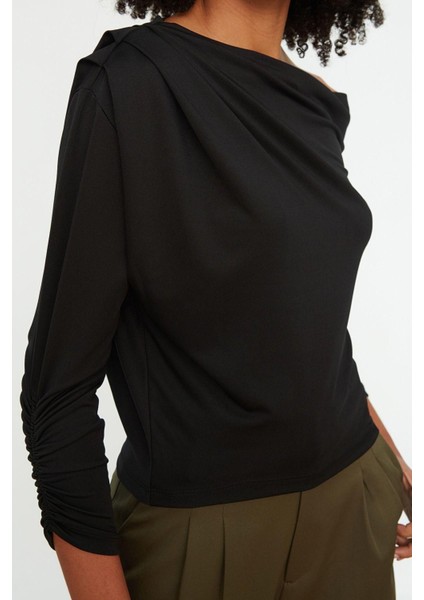 Moda Asimetrik Yaka Örme Regular Düz Desen Resmi Regular Uzun Kol Bluz