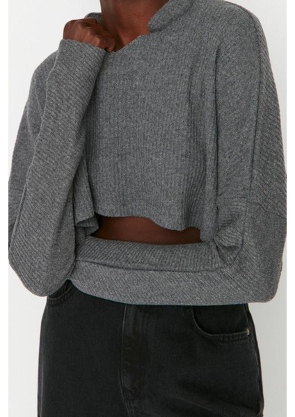 Moda V Yaka Örme Relaxed Düz Desen Casual Günlük Super Crop Uzun Kol Bluz