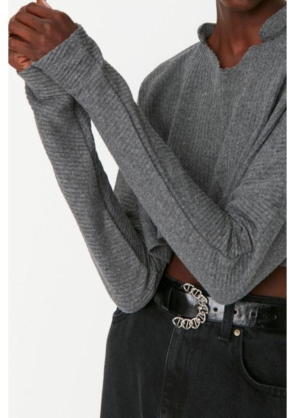 Moda V Yaka Örme Relaxed Düz Desen Casual Günlük Super Crop Uzun Kol Bluz modelleri