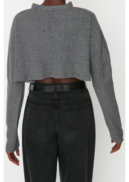 Moda V Yaka Örme Relaxed Düz Desen Casual Günlük Super Crop Uzun Kol Bluz indirimleri