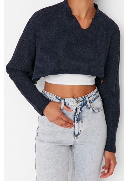 Moda V Yaka Örme Relaxed Düz Desen Casual Günlük Super Crop Uzun Kol Bluz
