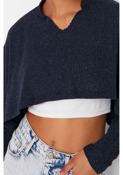Moda V Yaka Örme Relaxed Düz Desen Casual Günlük Super Crop Uzun Kol Bluz modelleri