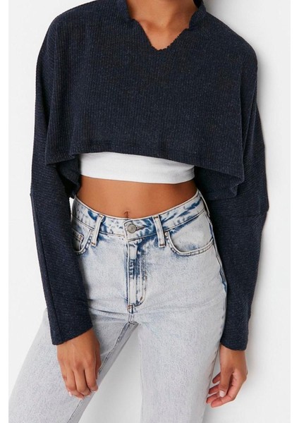 Moda V Yaka Örme Relaxed Düz Desen Casual Günlük Super Crop Uzun Kol Bluz fırsatları