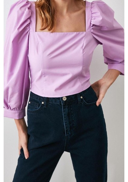 Moda Kare Yaka Dokuma Slim Fit Düz Desen Casual Günlük Regular Truvakar Kol Kol Bluz fiyatları