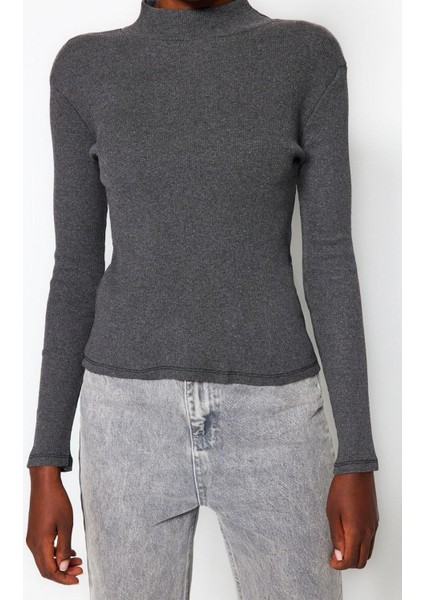 Moda Dik Yaka Örme Slim Düz Desen Casual Günlük Regular Uzun Kol Bluz