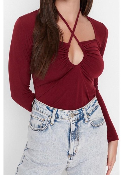 Moda Boyundan Bağlamalı Örme Slim Düz Desen Casual Günlük Regular Uzun Kol Bluz