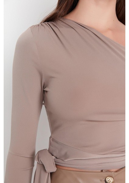 Moda Asimetrik Yaka Örme Slim Düz Desen Casual Günlük Crop Uzun Kol Bluz modelleri