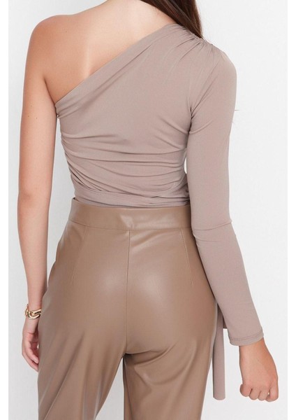 Moda Asimetrik Yaka Örme Slim Düz Desen Casual Günlük Crop Uzun Kol Bluz fırsatları