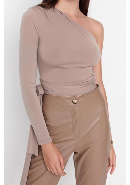 Moda Asimetrik Yaka Örme Slim Düz Desen Casual Günlük Crop Uzun Kol Bluz indirimleri