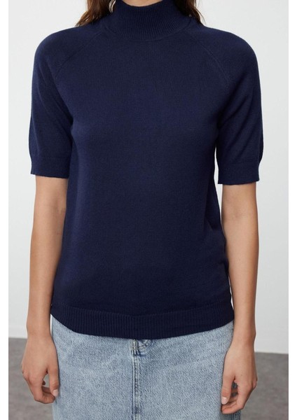 Moda Dik Yaka Triko Slim Düz Desen Casual Günlük Regular Kısa Kol Bluz