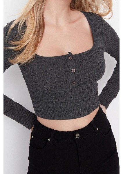 Moda Kare Yaka Örme Slim Düz Desen Casual Günlük Crop Uzun Kol Bluz fiyatları