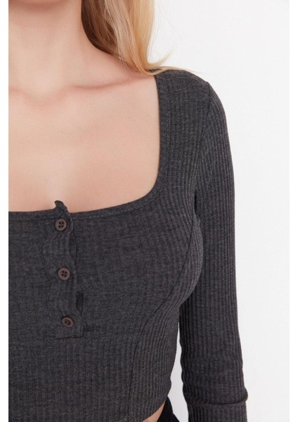 Moda Kare Yaka Örme Slim Düz Desen Casual Günlük Crop Uzun Kol Bluz fırsatları