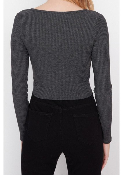 Moda Kare Yaka Örme Slim Düz Desen Casual Günlük Crop Uzun Kol Bluz indirimleri