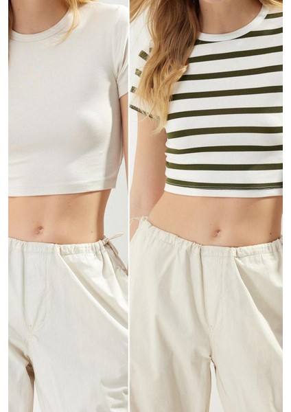 Moda Bisiklet Yaka Örme Slim Çizgili Desen Casual Günlük Crop Kısa Kol Bluz fiyatları