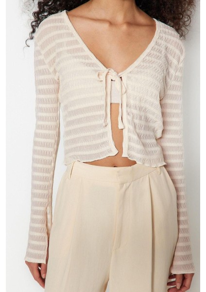 Moda V Yaka Örme Regular Düz Desen Casual Günlük Crop Uzun Kol Bluz