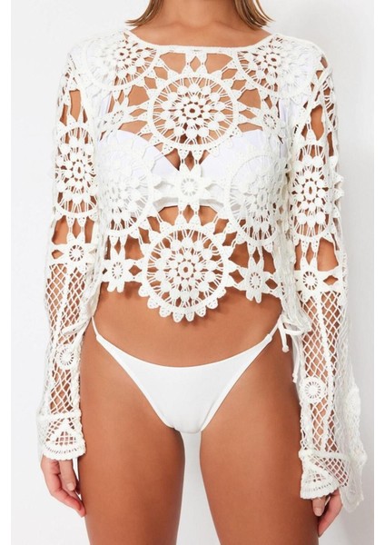Moda Kayık Yaka Triko Regular Ajurlu Desen Plaj Crop Uzun Kol Bluz