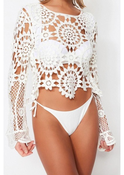 Moda Kayık Yaka Triko Regular Ajurlu Desen Plaj Crop Uzun Kol Bluz