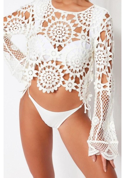 Moda Kayık Yaka Triko Regular Ajurlu Desen Plaj Crop Uzun Kol Bluz