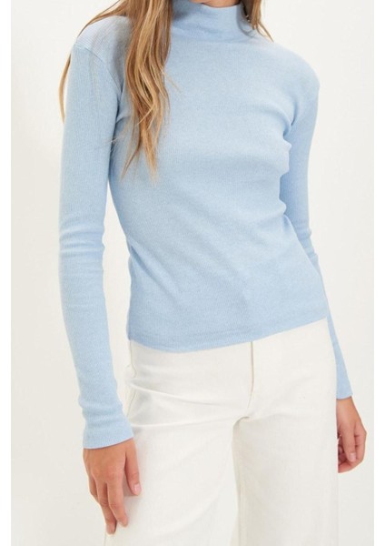 Moda Dik Yaka Örme Slim Düz Desen Casual Günlük Regular Uzun Kol Bluz