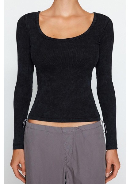 Moda Havuz Yaka Örme Slim Düz Desen Casual Günlük Regular Uzun Kol Bluz
