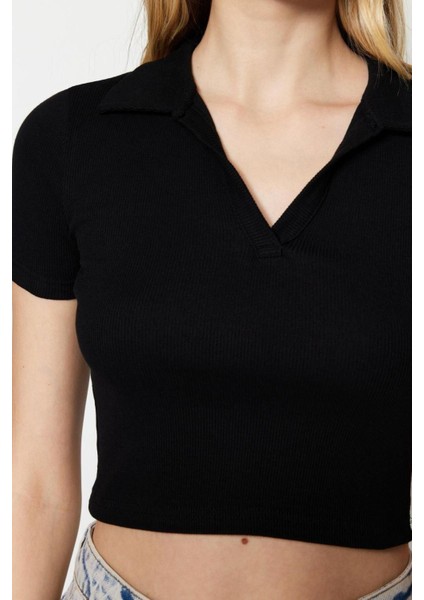 Moda Polo Yaka Örme Slim Slogan Desen Casual Günlük Crop Kısa Kol Bluz modelleri