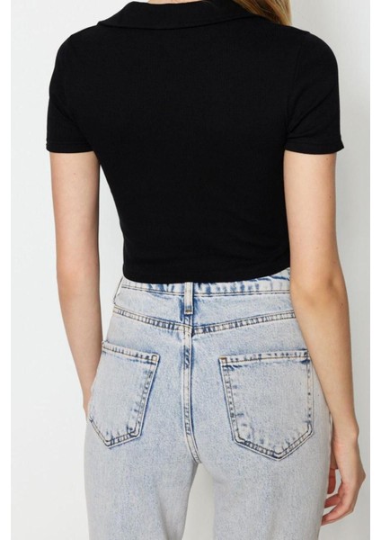 Moda Polo Yaka Örme Slim Slogan Desen Casual Günlük Crop Kısa Kol Bluz fırsatları