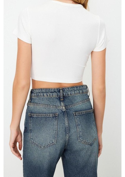 Moda Bisiklet Yaka Örme Slim Çizgili Desen Casual Günlük Crop Kısa Kol Bluz fırsatları