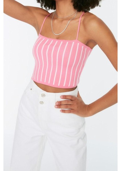 Moda Kare Yaka Triko Slim Renk Bloklu Desen Casual Günlük Super Crop Askılı Kol Bluz