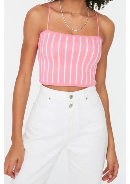 Moda Kare Yaka Triko Slim Renk Bloklu Desen Casual Günlük Super Crop Askılı Kol Bluz fiyatları