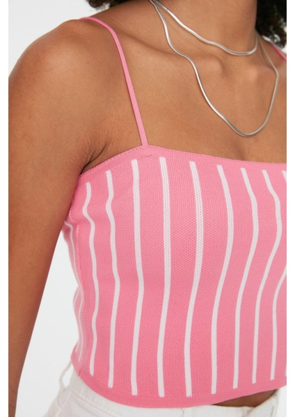 Moda Kare Yaka Triko Slim Renk Bloklu Desen Casual Günlük Super Crop Askılı Kol Bluz fırsatları