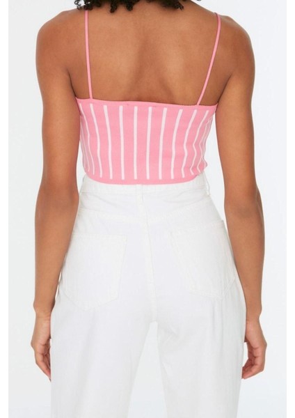 Moda Kare Yaka Triko Slim Renk Bloklu Desen Casual Günlük Super Crop Askılı Kol Bluz indirimleri
