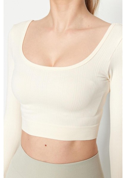 Moda Kare Yaka Örme Fit Düz Desen Sportswear Crop Uzun Kol Bluz