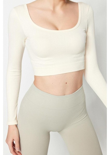 Moda Kare Yaka Örme Fit Düz Desen Sportswear Crop Uzun Kol Bluz fiyatları