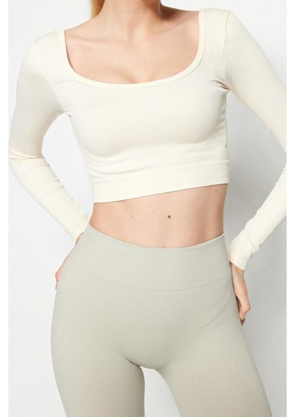 Moda Kare Yaka Örme Fit Düz Desen Sportswear Crop Uzun Kol Bluz modelleri