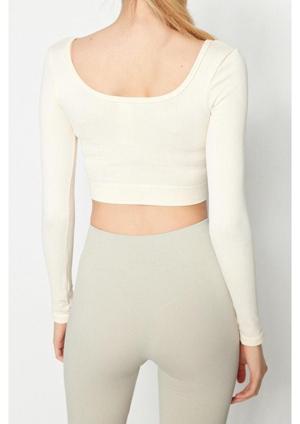 Moda Kare Yaka Örme Fit Düz Desen Sportswear Crop Uzun Kol Bluz fırsatları