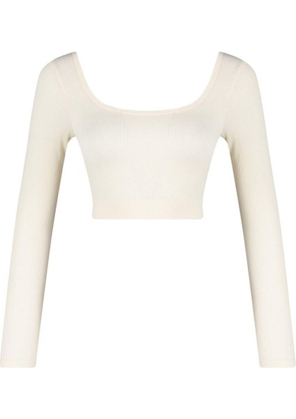 Moda Kare Yaka Örme Fit Düz Desen Sportswear Crop Uzun Kol Bluz indirimleri
