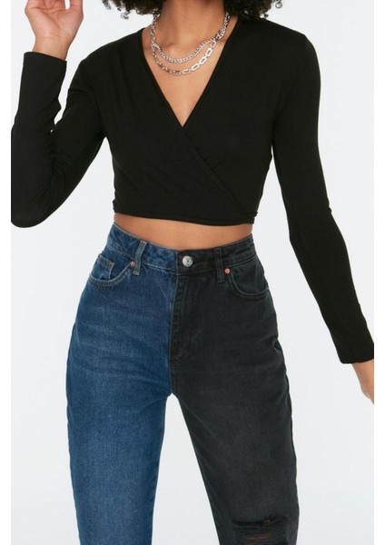 Moda Kruvaze Örme Slim Fit Düz Desen Casual Günlük Crop Uzun Kol Bluz
