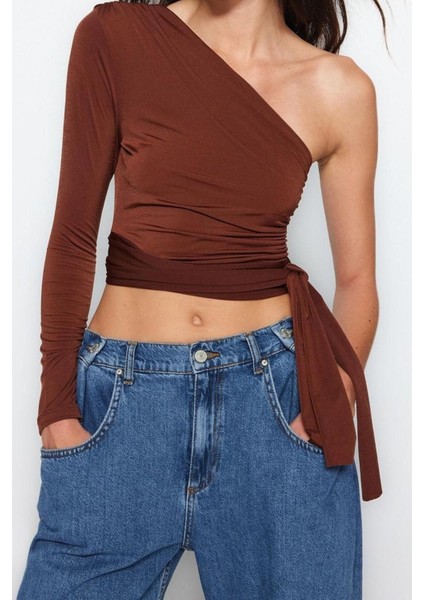 Moda Asimetrik Yaka Örme Slim Düz Desen Casual Günlük Crop Uzun Kol Bluz