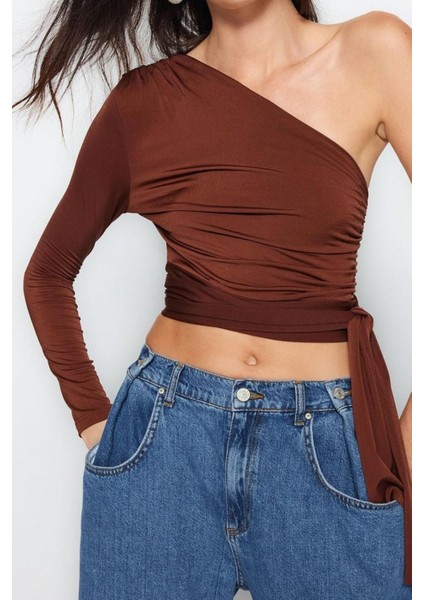 Moda Asimetrik Yaka Örme Slim Düz Desen Casual Günlük Crop Uzun Kol Bluz fiyatları