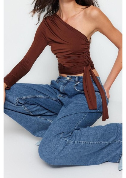 Moda Asimetrik Yaka Örme Slim Düz Desen Casual Günlük Crop Uzun Kol Bluz modelleri