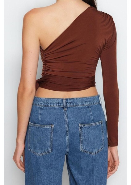 Moda Asimetrik Yaka Örme Slim Düz Desen Casual Günlük Crop Uzun Kol Bluz indirimleri